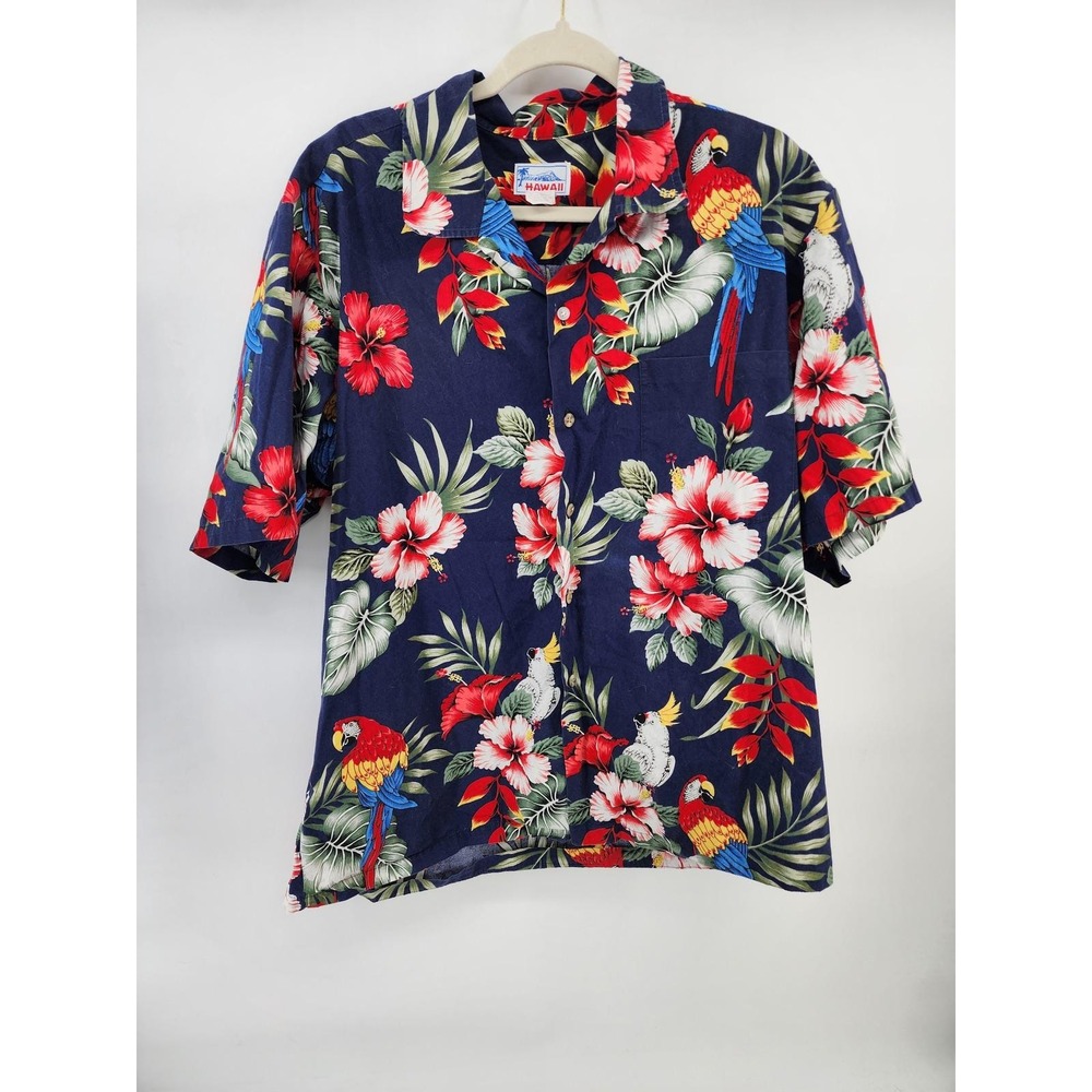 Vintage Hawaii‎ Mens XL Aloha Shirt Navy Blue Parrot Hibiscus Floral Cotton